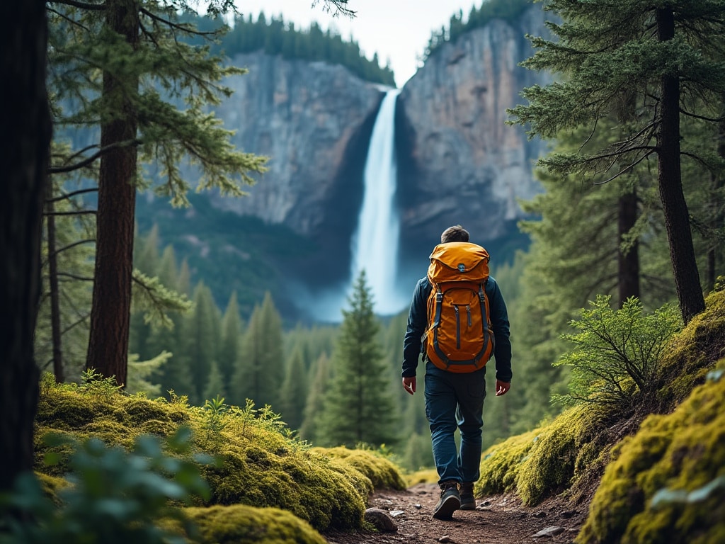 A backpacker hiking through a lush forest trail with a waterfall cascading in the distance.