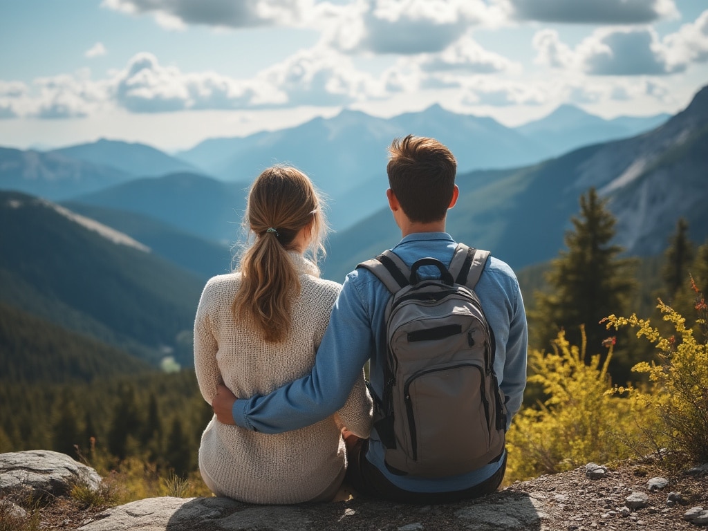 A couple sitting on a mountain peak, embracing as they admire the panoramic view.